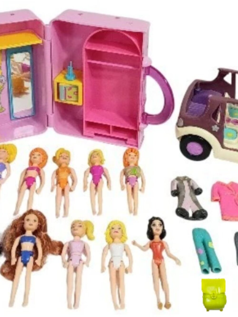 Lot of Vintage Polly Pocket 3.5" Fashion Play Dolls, Clothing, Bedroom Case &SUV